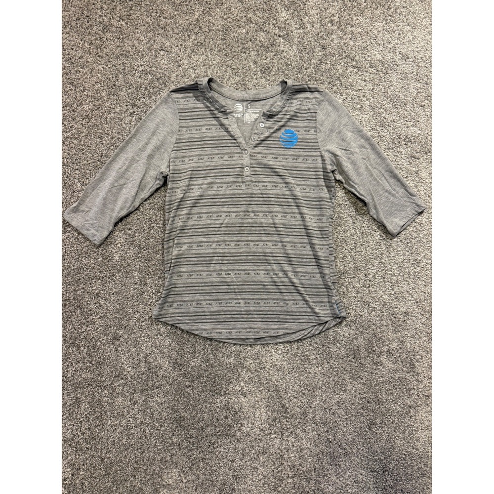 AT&T Henley Top Womens Small Gray Logo Print 3/4 Sleeve Corporate Casual Shirt